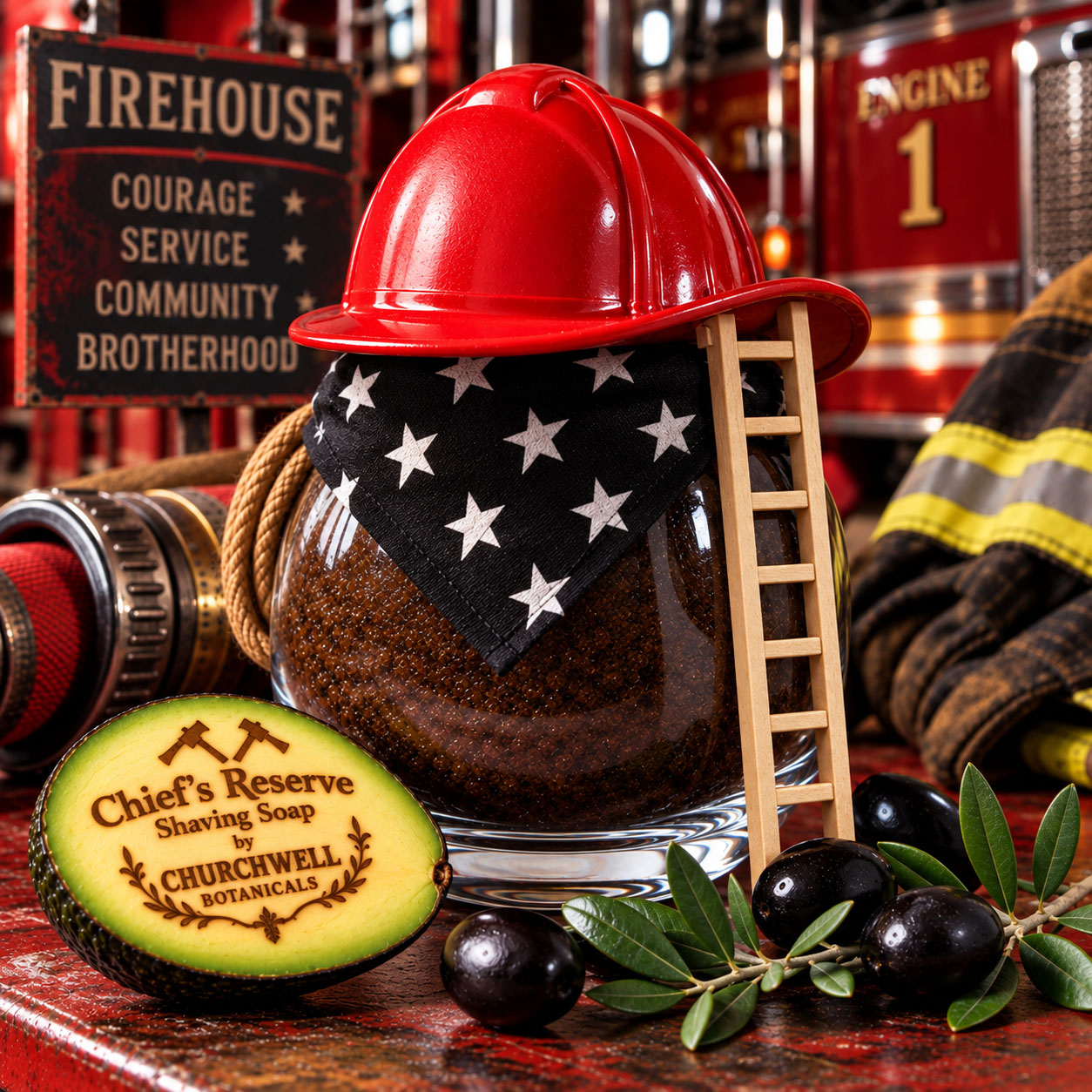 Chief's Reserve firefighter shaving soap with fireman helmet, patriotic bandana and firehouse gift presentation