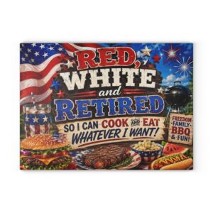 Red, White & Retired™ Memory Board | Patriotic Retirement Keepsake Serving Board | BBQ & Grilling Gift | 11" x 15" Rectangle Glass Platter  $59.99 • Complimentary Shipping Included 🎁