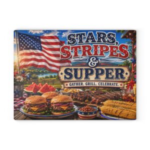 Glass Cutting BoardStars, Stripes & Supper™ Memory Board | Patriotic Family Gathering Keepsake | BBQ Serving Platter | 11" x 15" Rectangle Glass Board  $59.99 • Complimentary Shipping Included 🎁